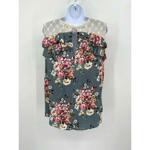 Umgee Tunic Top Womens Medium Green Floral Lace Ruffle Sleeveless - Picture 3 of 8